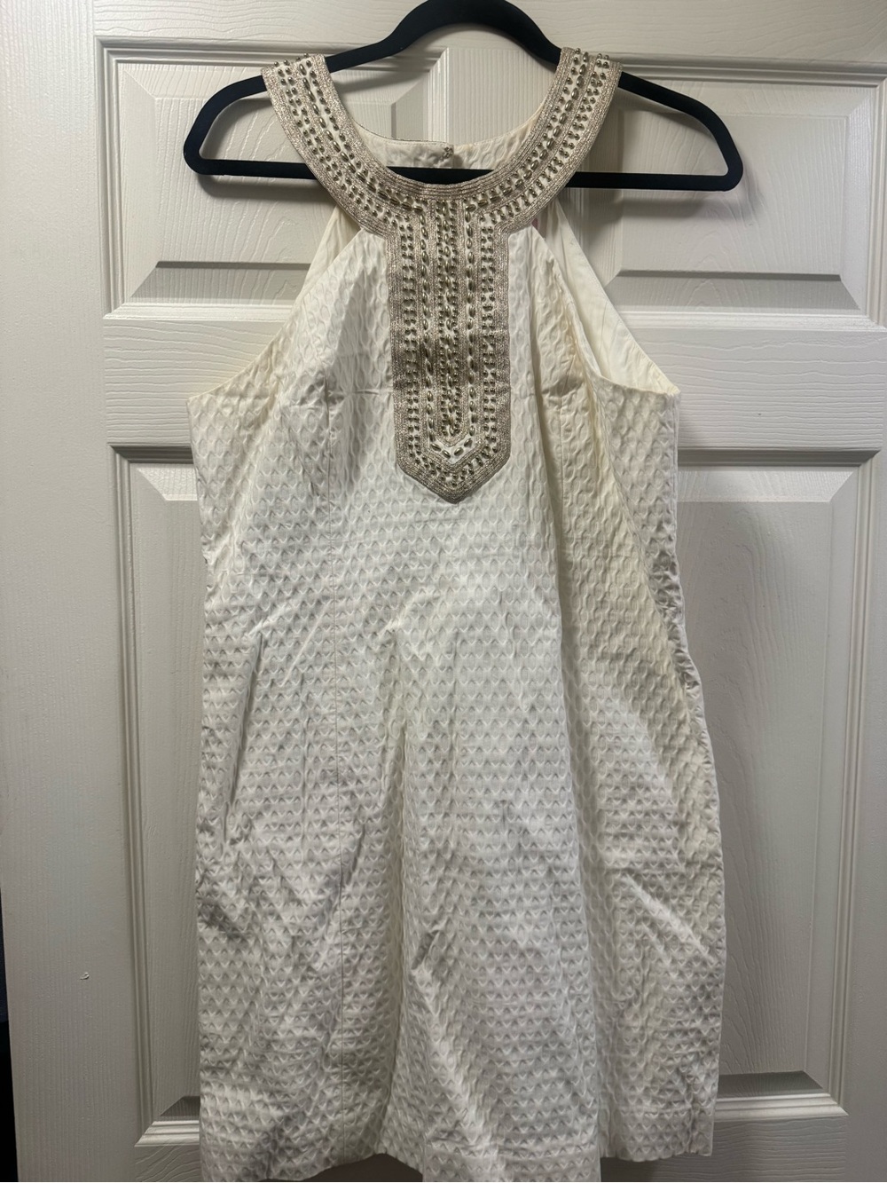 Embellished Halter White Textured Dress
